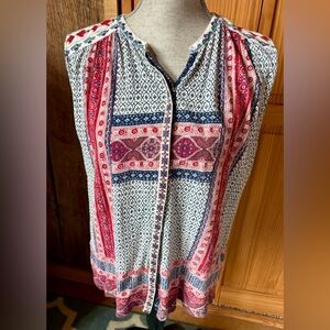 Lucky Brand Women's Patterned, Embroidered Sleeveless Top - Red, Ivory & Blue XL